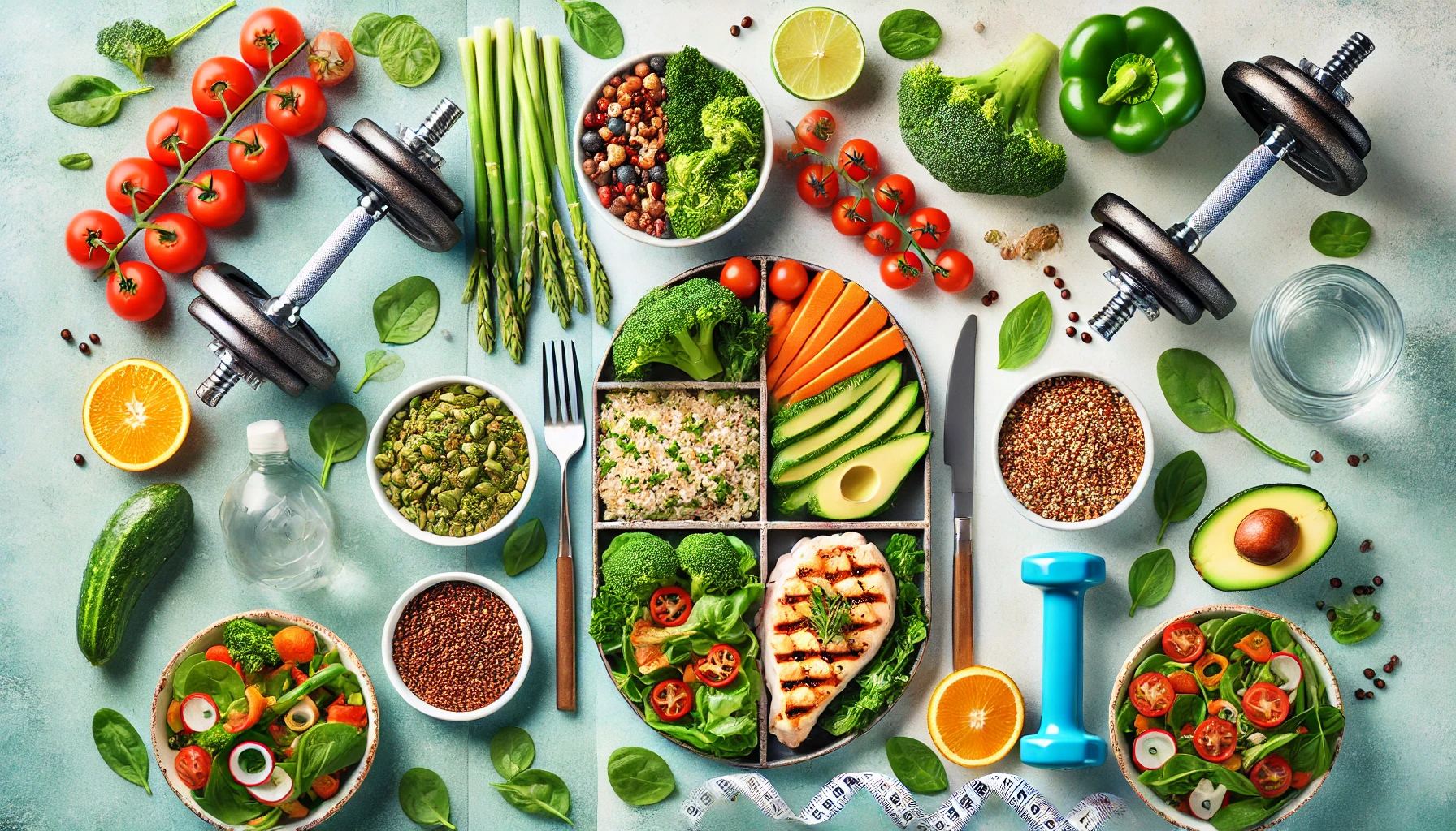 Healthy meal spread featuring grilled chicken, quinoa, fresh vegetables, and a dumbbell, symbolizing fitness and balanced nutrition for a 7-Day Meal Plan to Lose Weight and Gain Muscles