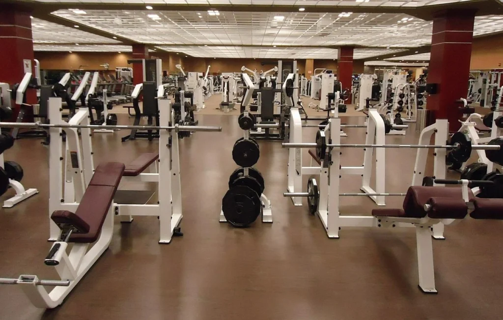 A fully equipped gym with barbells, weight plates, and bench press stations — ideal setting for a 7 days gym workout plan.