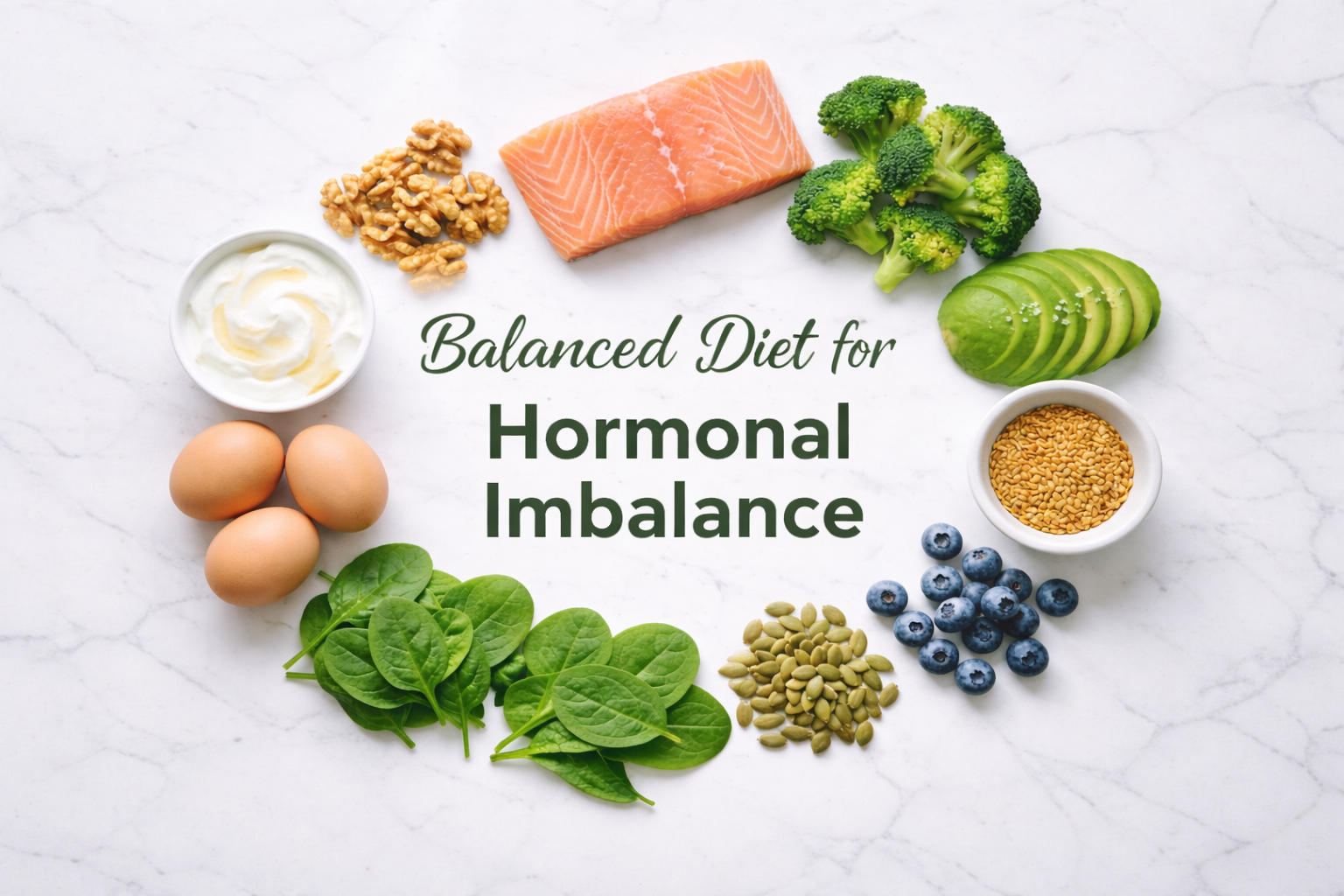 An assortment of healthy foods, including salmon, walnuts, yogurt, broccoli, avocado, flaxseeds, eggs, spinach, pumpkin seeds, and blueberries, arranged in a circular layout on a white marble surface, with the text 'Balanced Diet for Hormonal Imbalance' written in a simple, green font in the center.