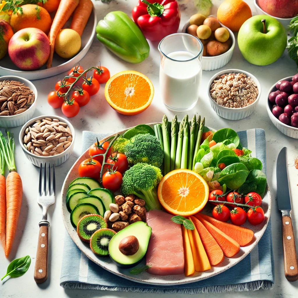 A vibrant, healthy meal showcasing a variety of colorful vegetables, fruits, whole grains, lean proteins, and healthy fats, arranged on a plate to promote the concept of a balanced diet.