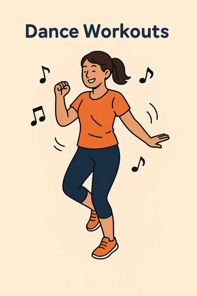 Illustration of a woman dancing joyfully with musical notes around her, representing one of the Best Fat-Burning Workouts that combines cardio, rhythm, and fun to burn fat and boost energy.
