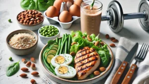 A healthy meal showcasing a 7-Day High Protein Diet Plan for Weight Loss, featuring grilled chicken, boiled eggs, fresh vegetables, almonds, and a protein shake.