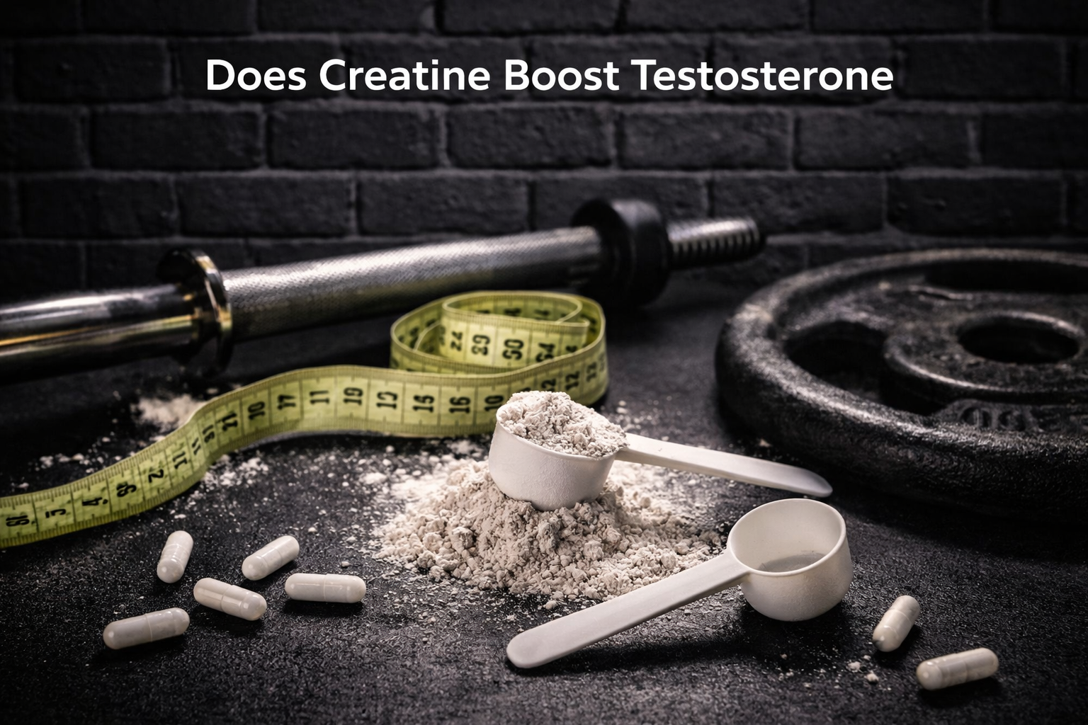 A dark, cinematic fitness-themed setup featuring creatine powder in scoops and capsules scattered on a textured surface, with a measuring tape and gym weights in the background. Behind the scene is a black brick wall with the text “Does Creatine Boost Testosterone” displayed in a simple, clean font.
