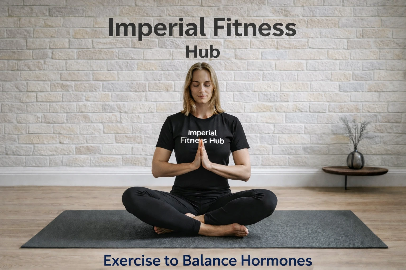 Woman meditating on a yoga mat in a fitness studio with a light brick wall background, wearing a black “Imperial Fitness Hub” t-shirt, with text “Exercise to Balance Hormones” displayed below.