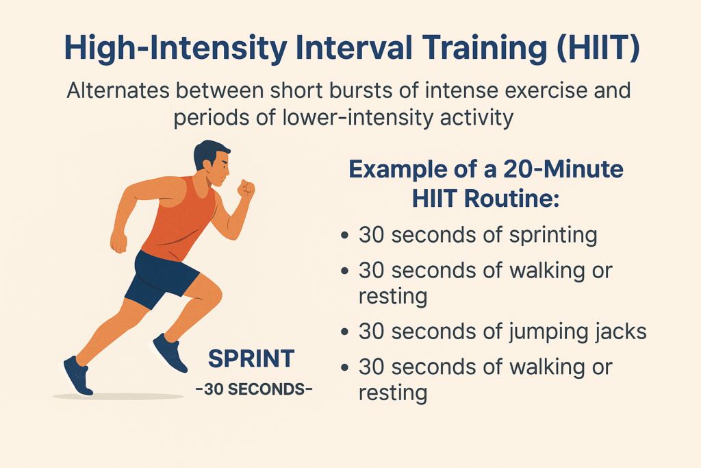 Illustration of a man sprinting beside a workout chart titled "High-Intensity Interval Training (HIIT)," showing a 20-minute fat-burning routine. This visual highlights one of the Best Fat-Burning Workouts using short bursts of intense exercises like sprinting and jumping jacks to help burn calories effectively.