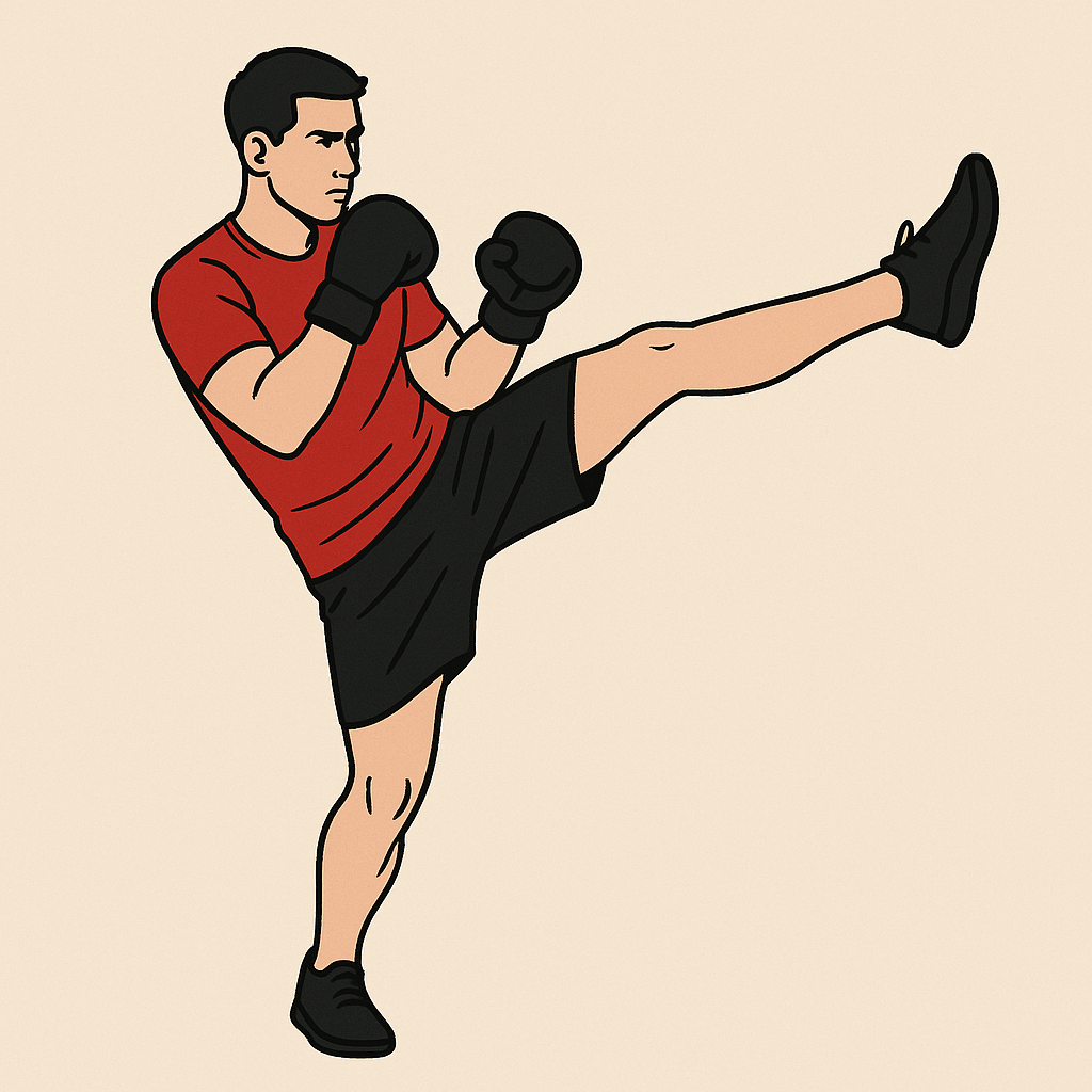 Illustration of a man performing a high kick in a kickboxing stance, showing strength and balance as part of the Best Fat-Burning Workouts to burn fat, boost endurance, and build full-body power.