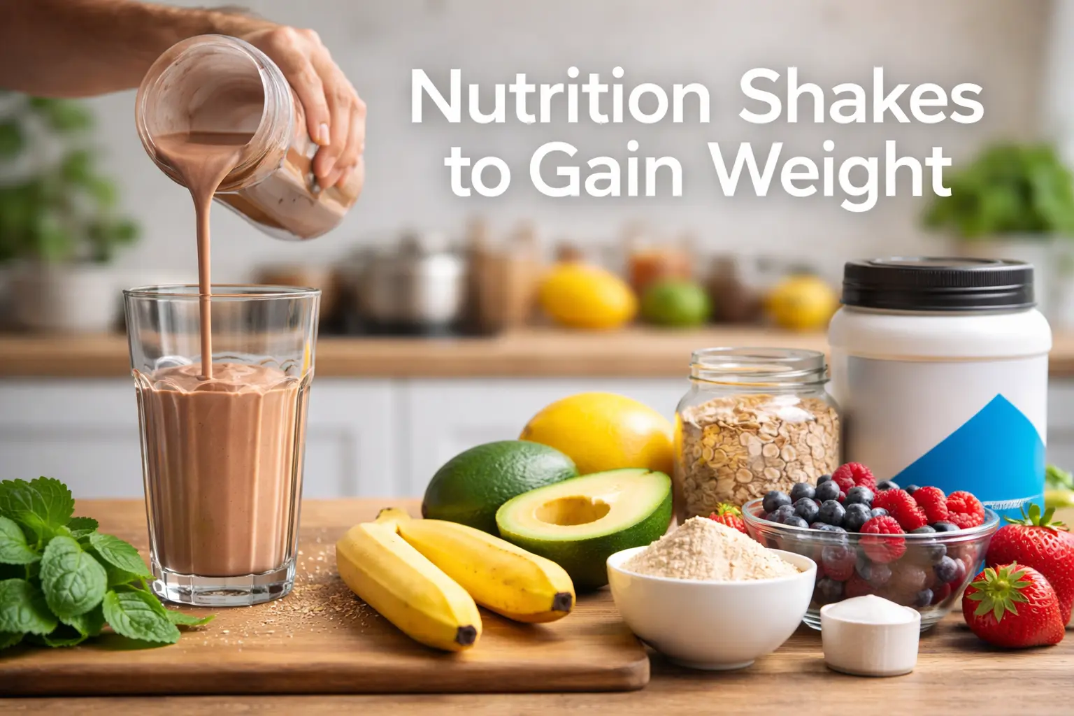 Healthy nutrition shake being poured with fruits on the counter, labeled 'Nutrition Shakes to Gain Weight.