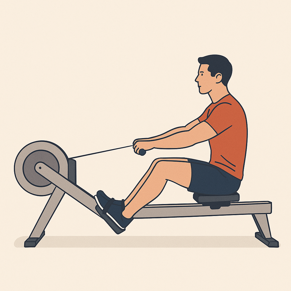 Illustration of a man rowing on a machine with strong form, highlighting one of the Best Fat-Burning Workouts that targets multiple muscles, improves endurance, and burns fat efficiently.