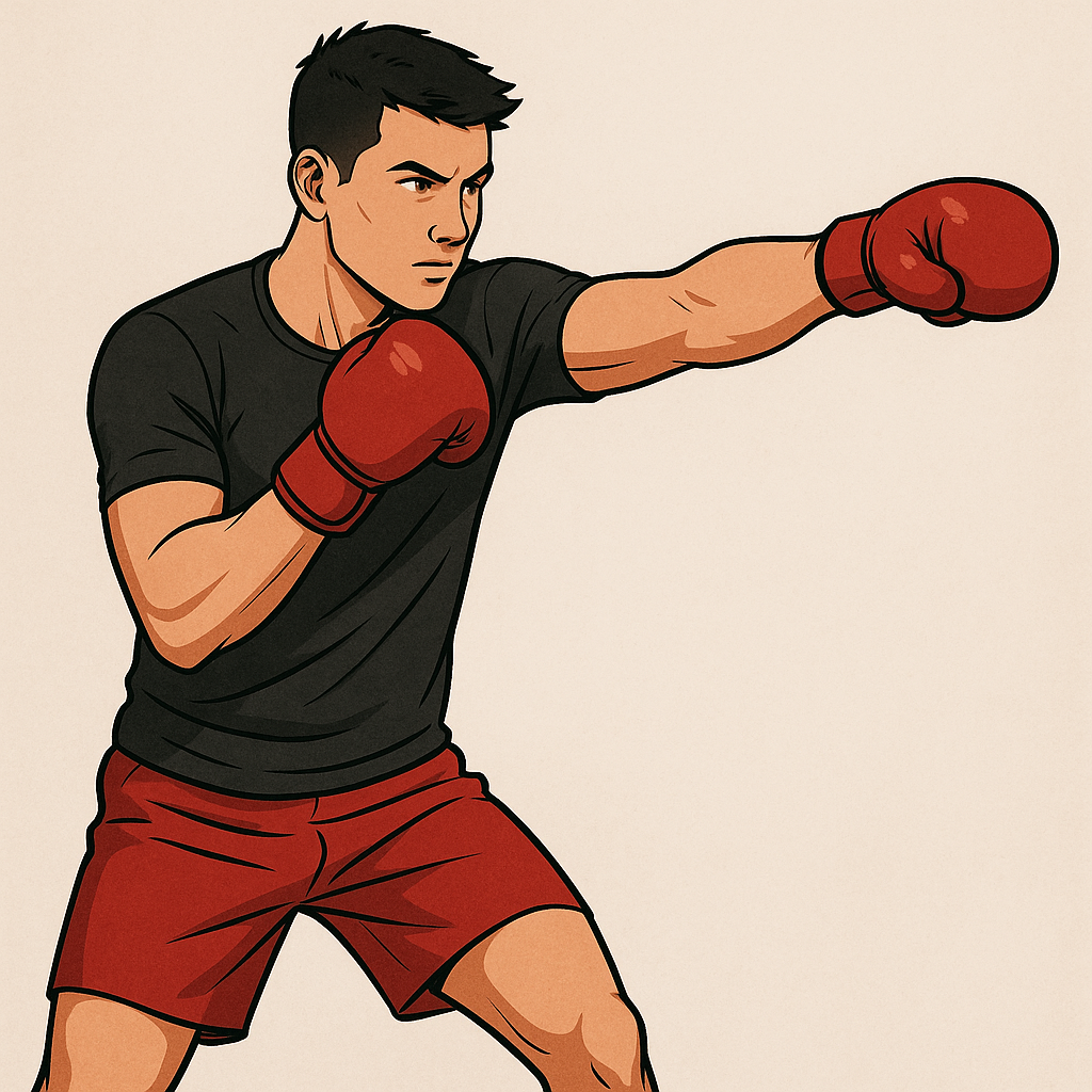 Illustration of a young man throwing a punch while boxing, showcasing one of the Best Fat-Burning Workouts that improves strength, burns calories fast, and engages the full body.