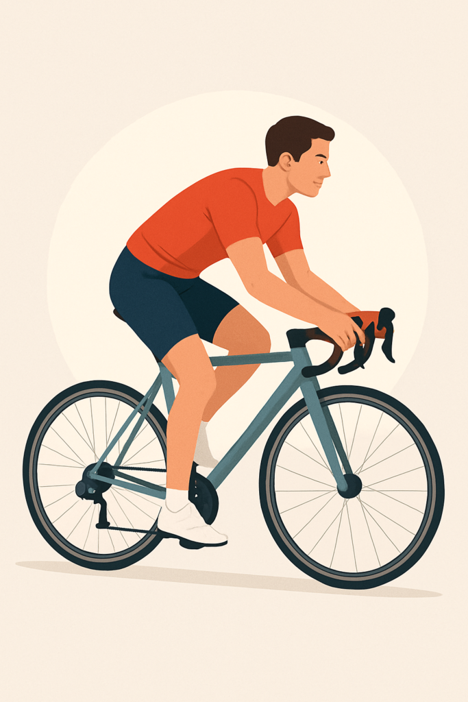 Illustration of a fit man riding a road bike in a strong forward posture, representing one of the Best Fat-Burning Workouts for boosting endurance, burning calories, and building leg strength effectively.