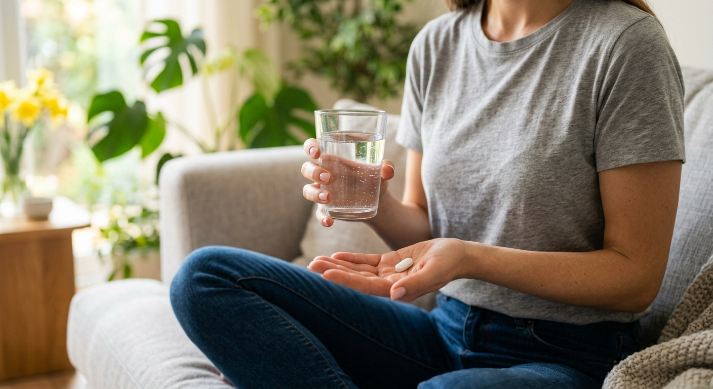 A woman holding a pill and a glass of water, representing supplements to balance female hormones.