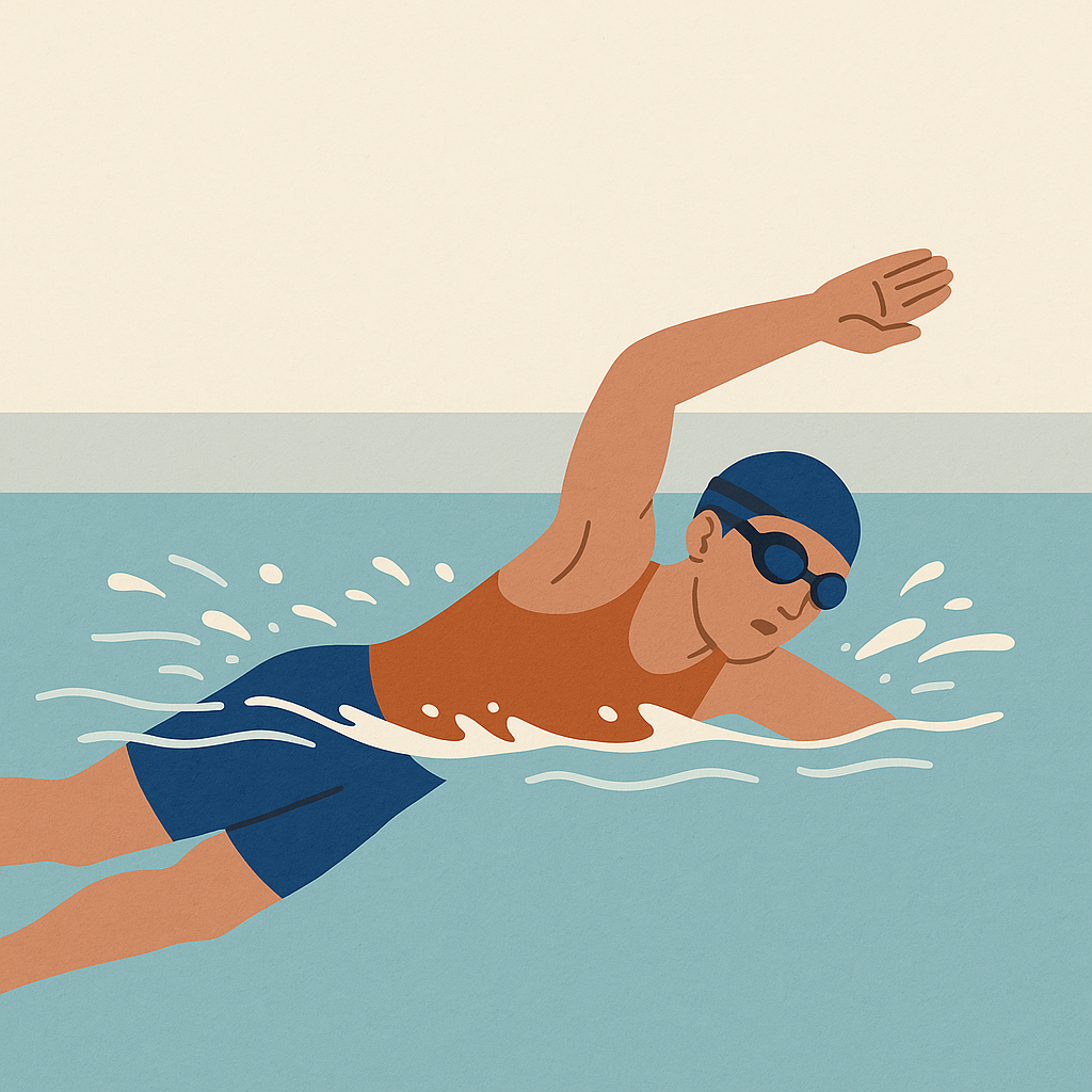 Illustration of a swimmer doing freestyle stroke in a pool, highlighting full-body movement and water resistance, representing one of the Best Fat-Burning Workouts that improves heart health and burns calories effectively.