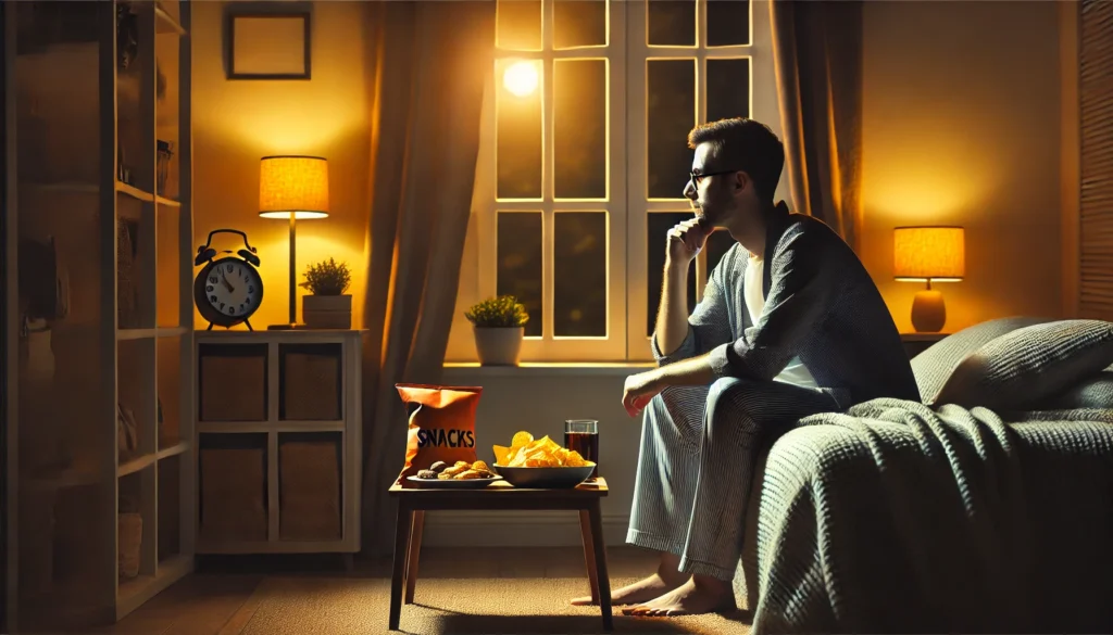 Is Going to Bed Hungry Helps to Lose Weight? A man sits on the edge of a bed in a dimly lit bedroom, thoughtfully ignoring a plate of snacks, including chips and cookies, on a nearby table. The room is illuminated by soft moonlight, reflecting the theme of resisting late-night cravings as part of a weight loss journey.