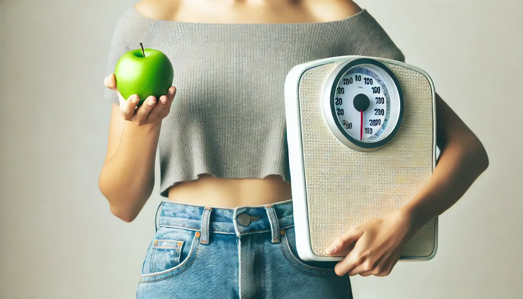 An individual holding a green apple in one hand and a weight scale in the other, symbolizing the journey of how to drop 40 pounds through healthy eating and monitoring weight.