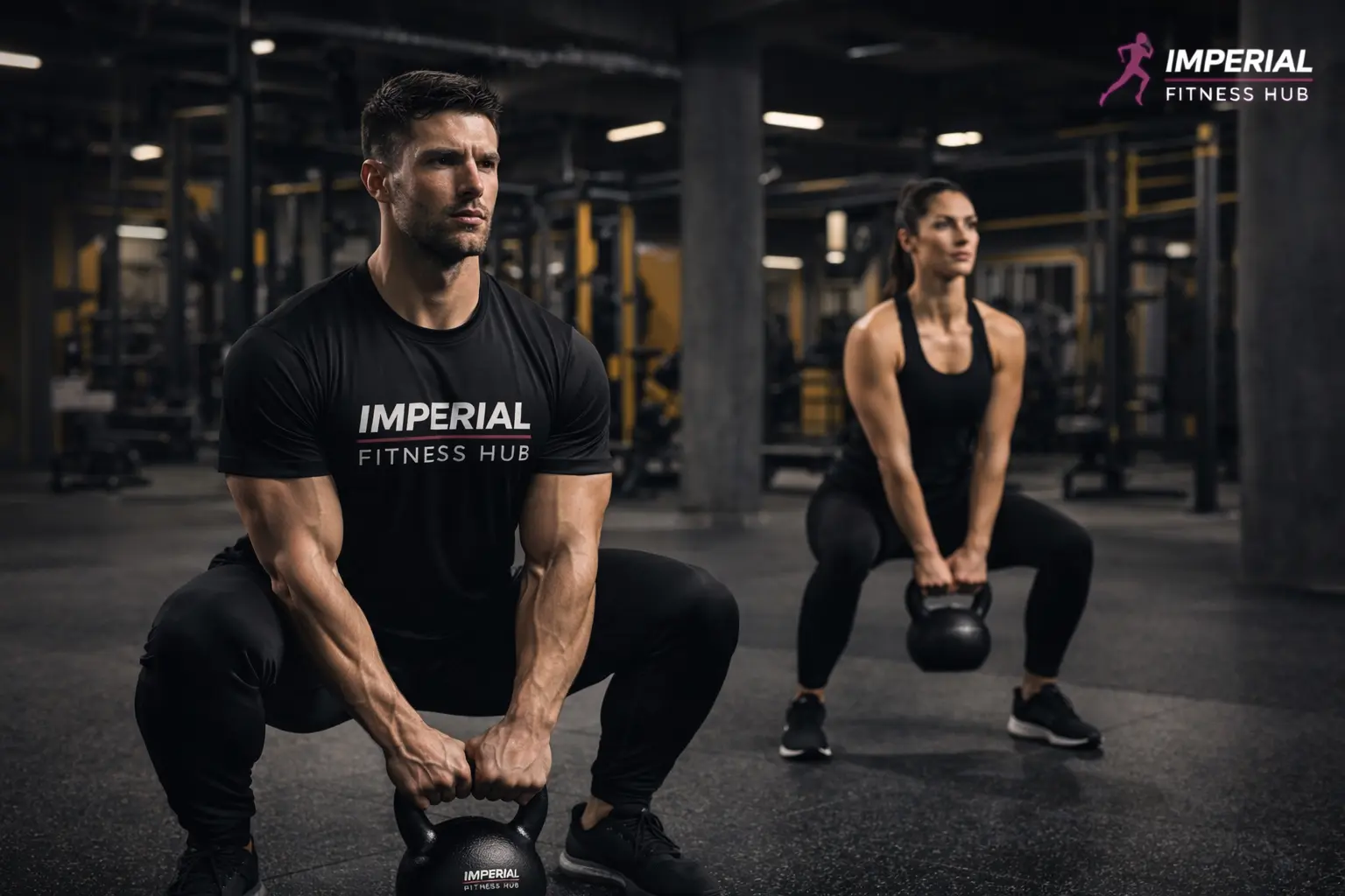 A fit athletic male performing a kettlebell squat exercise in a modern gym while a female athlete performs the same movement slightly behind him. Both athletes are wearing clean black athletic outfits with “Imperial Fitness Hub” printed on the shirt. The gym has black rubber flooring, industrial pillars, and dramatic lighting. The phrase “Do You Burn Calories Lifting Weights” appears naturally within the gym scene as part of the fitness-themed environment.