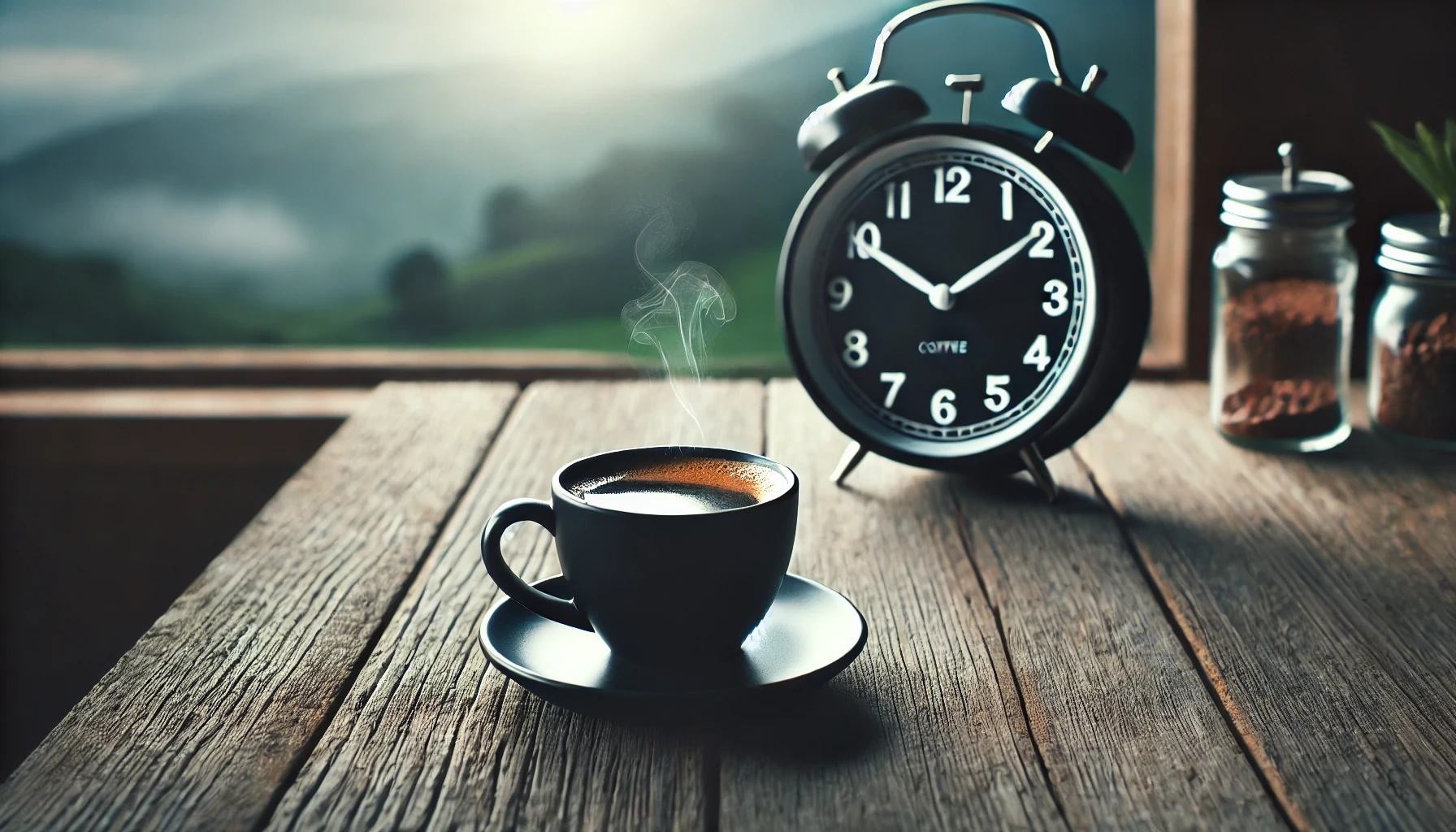 Intermittent Fasting Coffee image featuring a black coffee cup with steam rising on a marble countertop, with a subtle clock in the background symbolizing fasting.