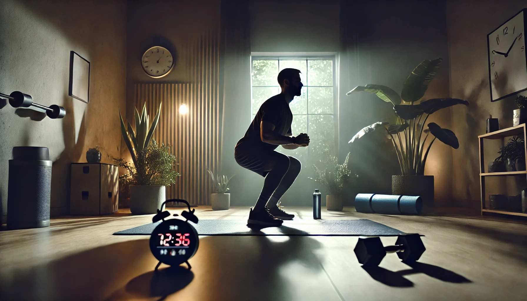 Person performing a high-intensity interval training workout at home in a dimly lit, minimalist gym setting. The image emphasizes the intensity and focus of a HIIT session, with equipment like a yoga mat and dumbbells in view, creating a dramatic, motivating atmosphere.