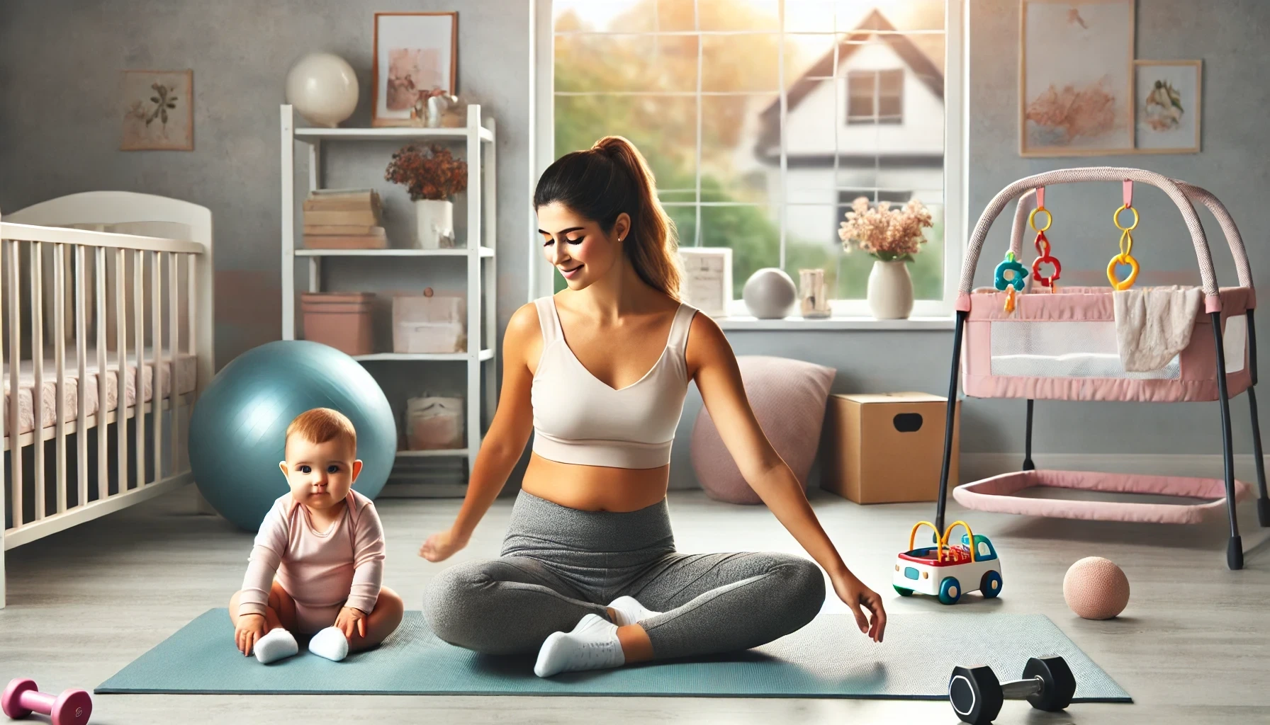 Postpartum workout plan: A new mom exercising on a yoga mat at home with her baby, using a stability ball and dumbbells in a bright, cozy, and supportive environment.