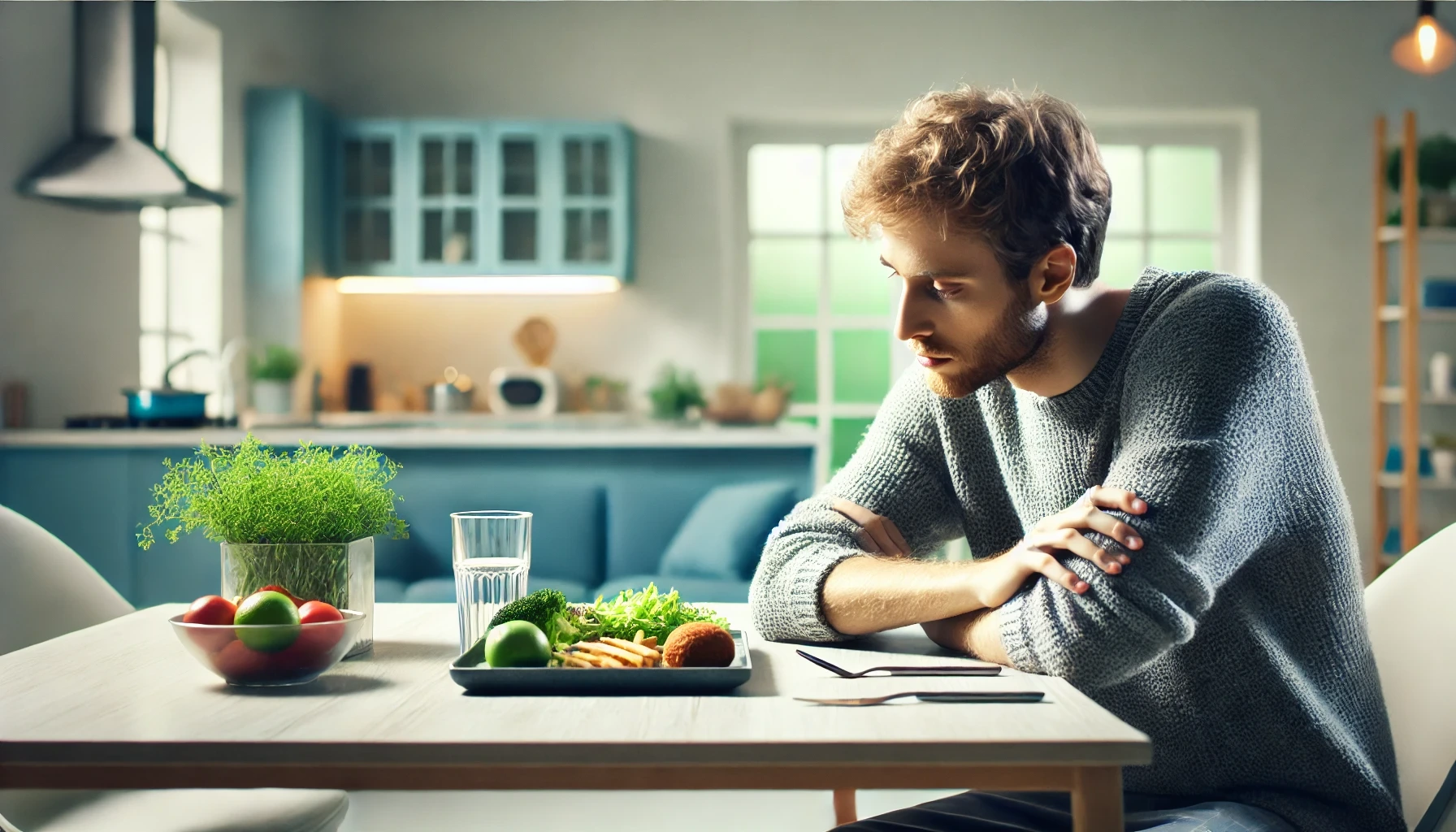 A slim man sitting at a modern dining table, looking frustrated while staring at a plate of healthy food on Gain Weight with Fast Metabolism reflecting the struggle of in a bright, minimalist setting.