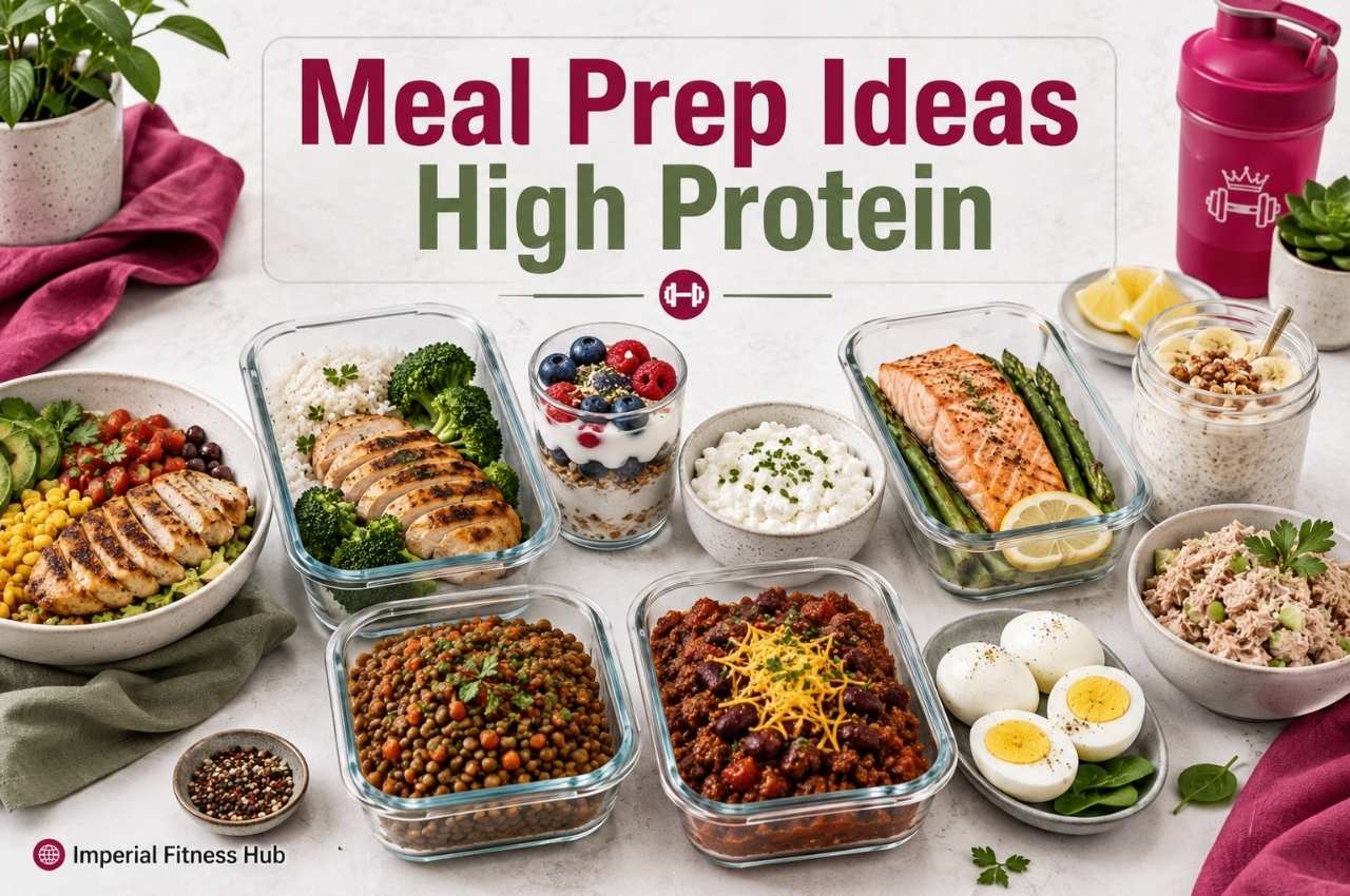 High-protein meal prep containers with grilled chicken, salmon, eggs, lentils, yogurt, cottage cheese, tuna salad, and fresh vegetables arranged on a clean light background with the title “Meal Prep Ideas High Protein.