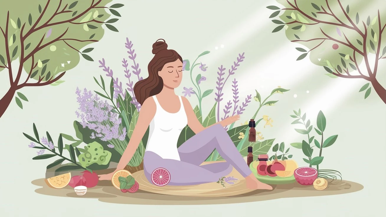 Serene illustration of a woman meditating surrounded by herbs, fruits, and essential oils, symbolizing harmony and Natural Remedies to Balance Hormones effectively.