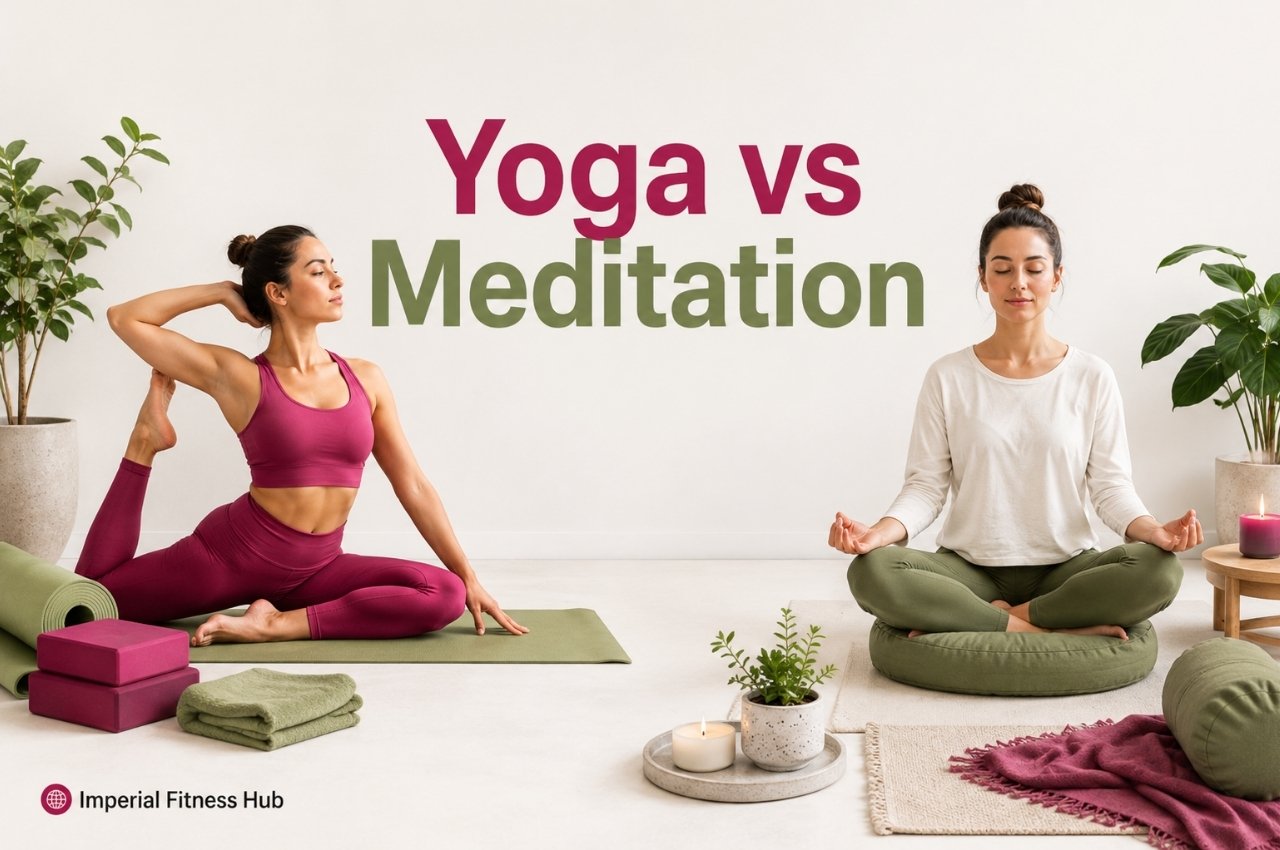 Yoga vs Meditation wellness image showing one woman doing a yoga stretch on a mat and another woman meditating on a cushion in a calm studio with plants, candles, and soft green and pink accents.