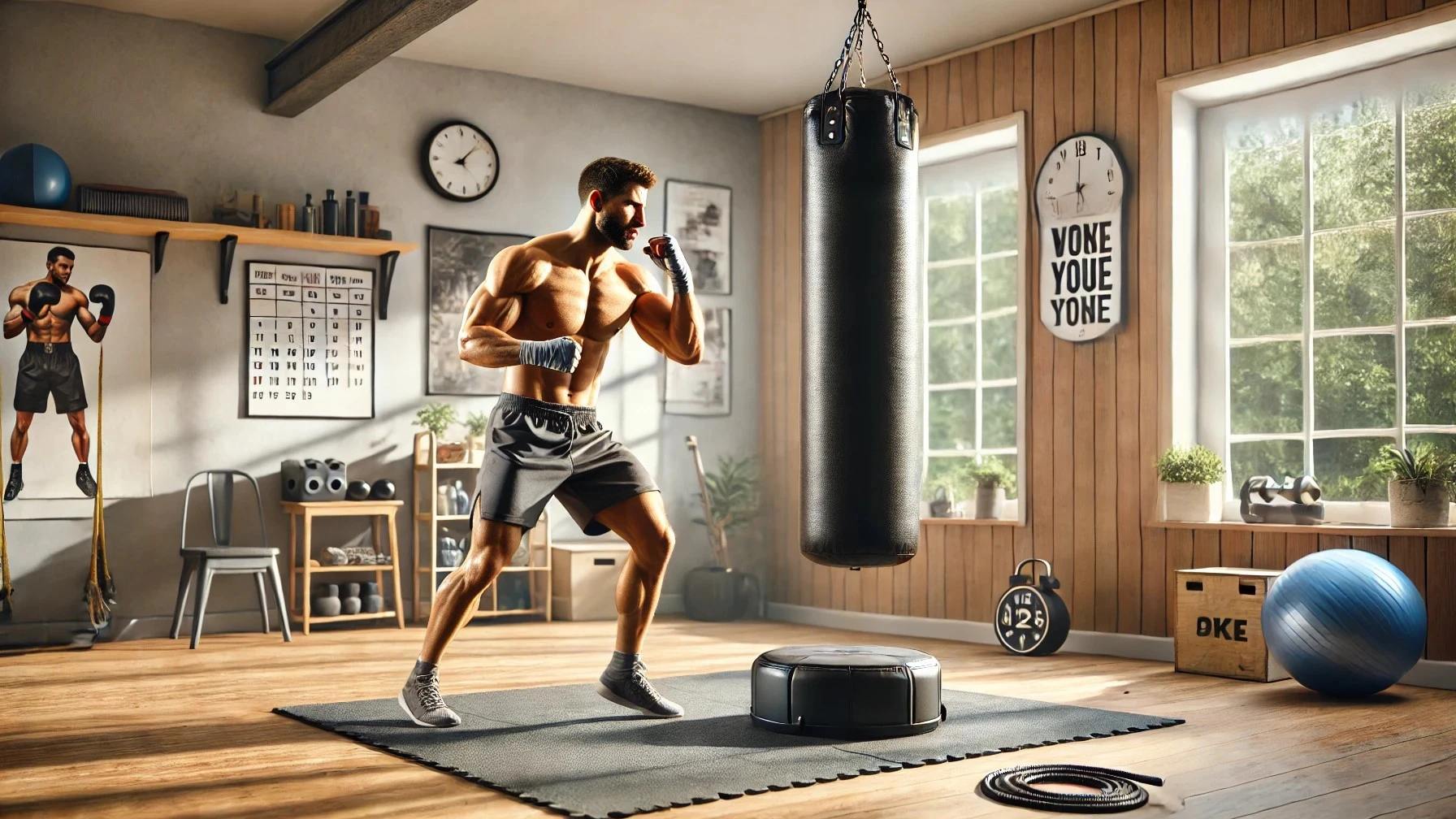 Muscular man practicing boxing workouts at home in a bright and organized home gym with a punching bag, wooden flooring, and motivational decor.