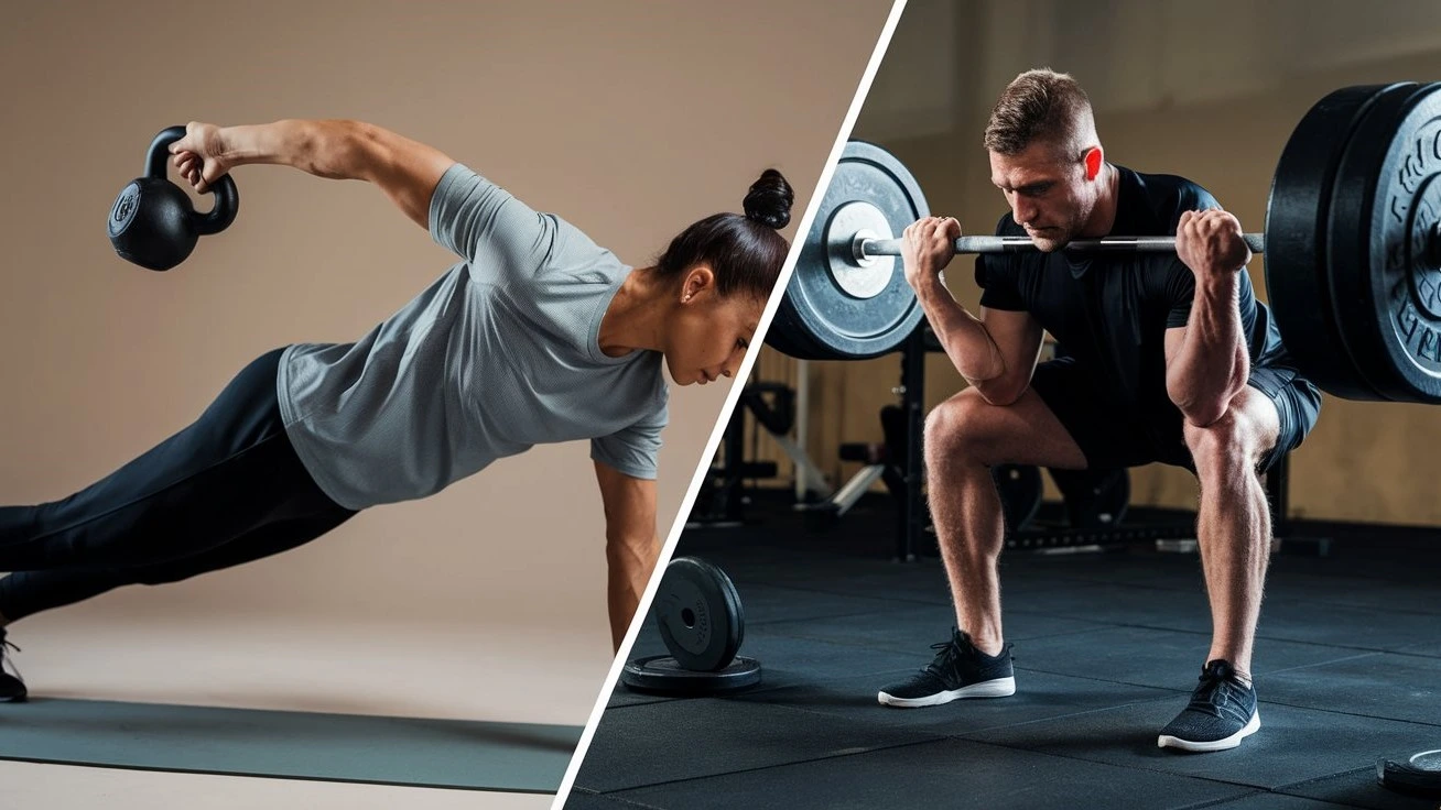 Functional Strength Training vs Traditional Strength Training: Dynamic kettlebell exercises on the left and focused barbell squats on the right illustrate key differences.