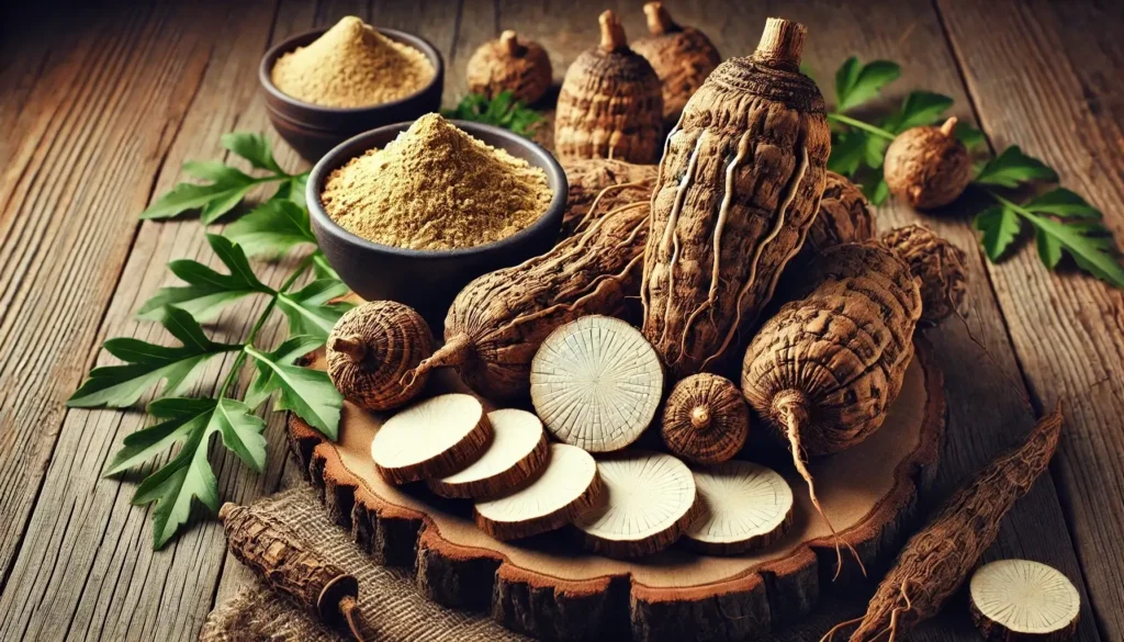 Fresh maca roots with their bulbous shape and earthy color, displayed on a wooden surface with green maca leaves in the background
