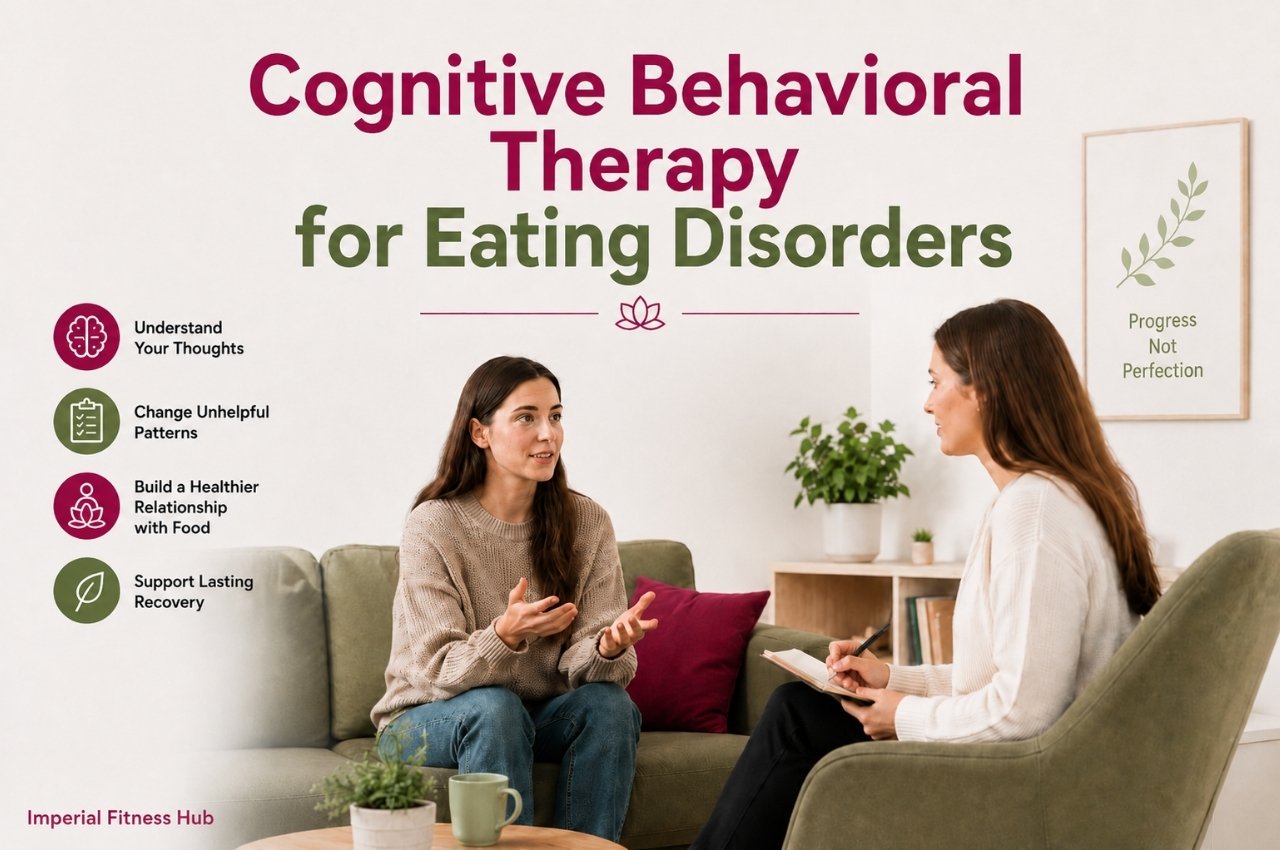 Therapist talking with a young woman about cognitive behavioral therapy for eating disorders in a calm, bright therapy room.