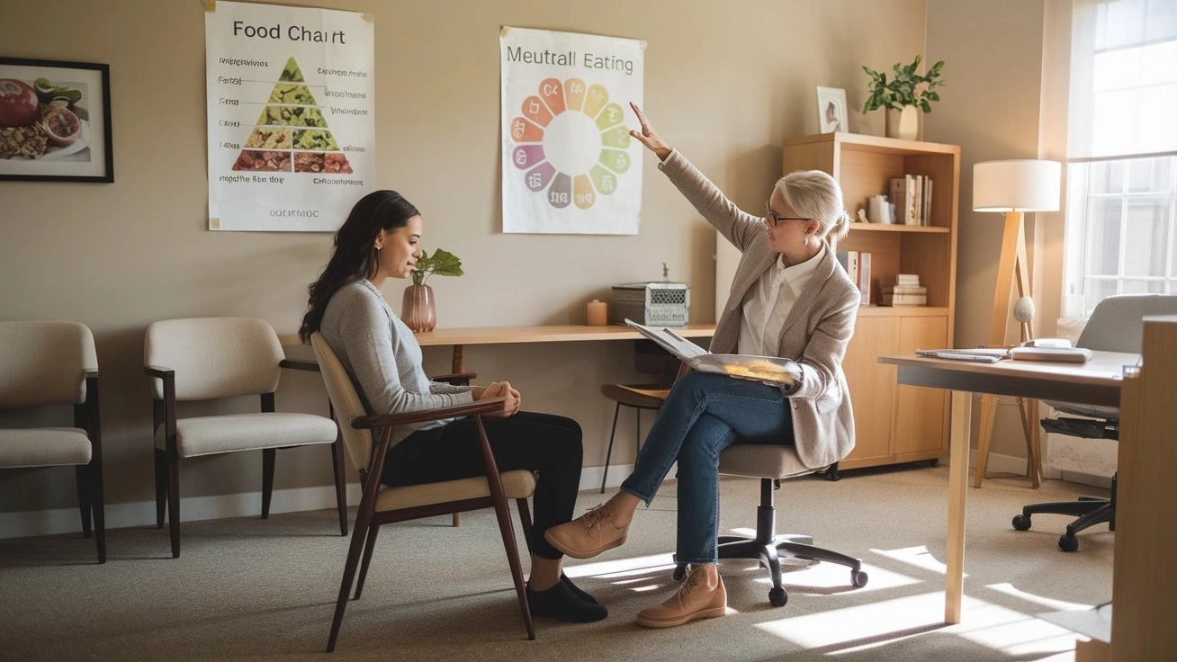 Cognitive Behavioral Therapy for Eating Disorders session showing a therapist explaining food charts and mindful eating techniques to a patient in a calm setting.