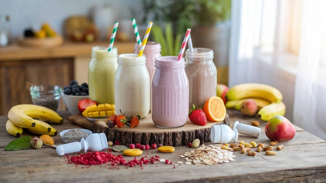 An assortment of colorful dairy free protein shakes in glass jars with straws, surrounded by fresh fruits, chia seeds, oats, and nuts on a rustic wooden table.