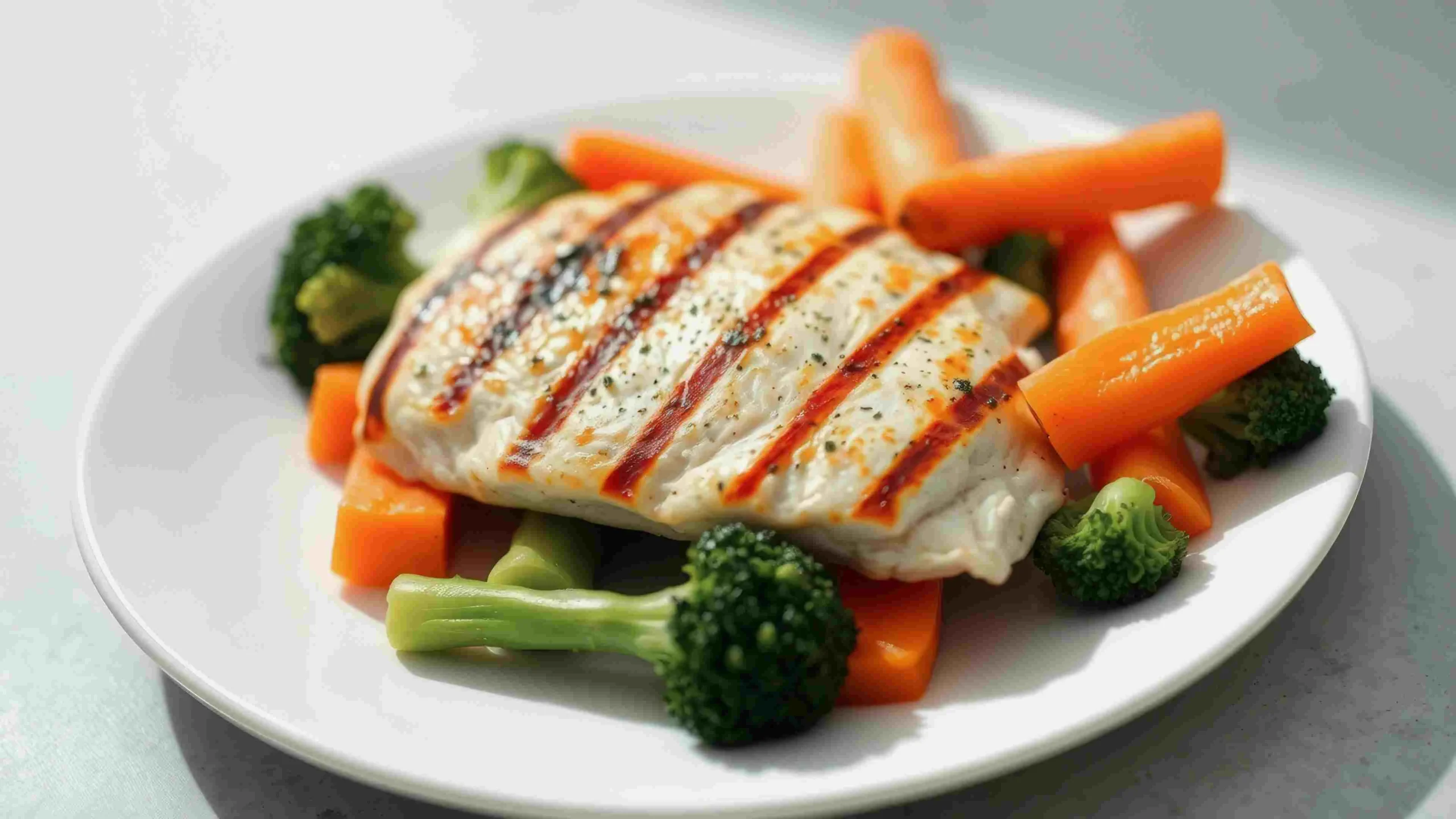 Grilled chicken breast served with steamed broccoli and carrots, showcasing a balanced meal as part of a high protein diet plan for men.