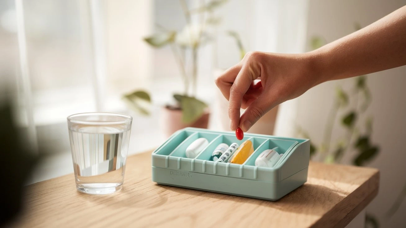 Can progesterone cause weight gain? A person picking a red pill from a daily pill organizer with a glass of water nearby, symbolizing hormonal treatments.