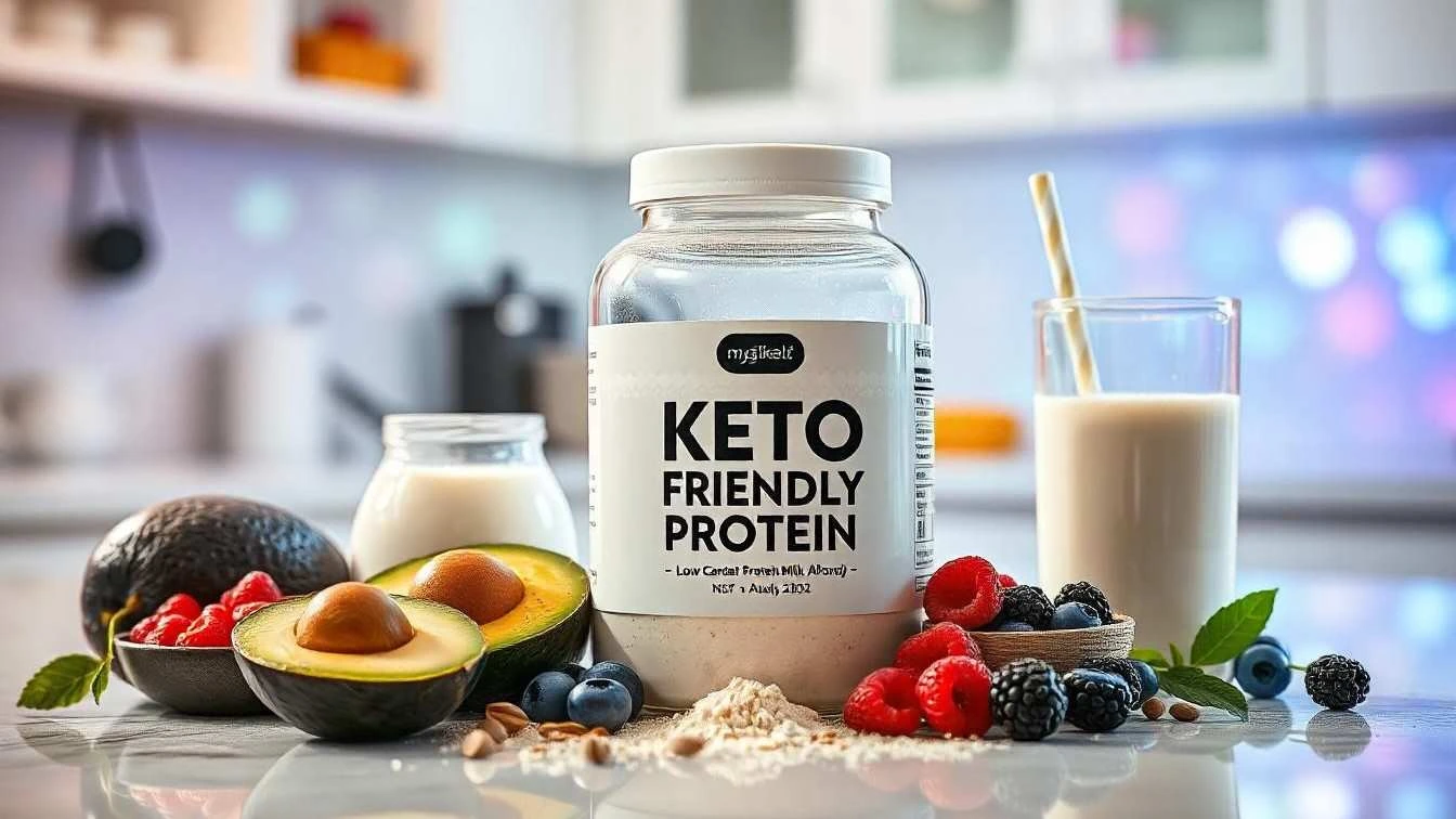 Image of a keto-friendly protein powder jar labeled 'Keto Friendly Protein' placed on a kitchen counter, surrounded by fresh low-carb ingredients such as avocado, berries, almonds, and a glass of milk, illustrating healthy options for protein powders for keto diet