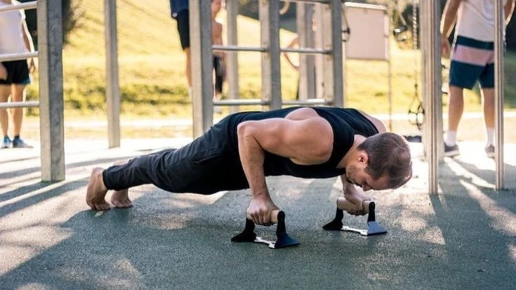 A fit man performing rear delt bodyweight exercises using push-up bars in an outdoor workout area. His rear delts, upper back, and shoulders are visibly engaged, demonstrating strength and control in a calisthenics exercise.