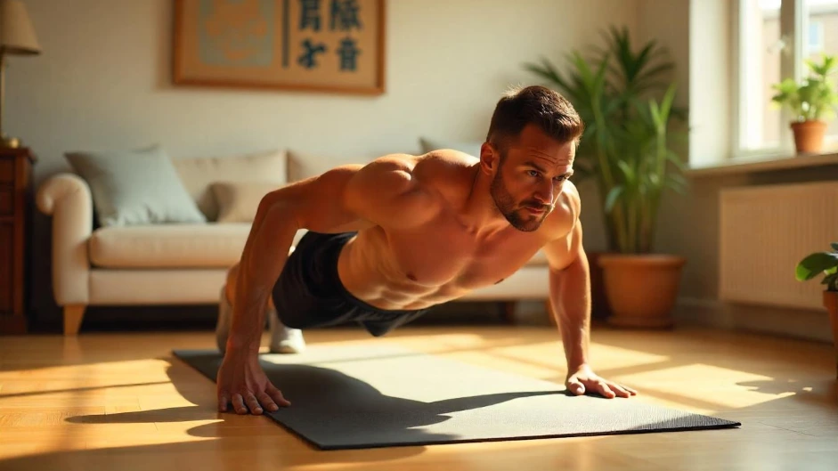 Man performing a push-up, a classic bodyweight chest exercises, on a yoga mat in a bright, sunlit living room with plants and minimalistic decor in the background, showcasing a fitness routine in a home environment."