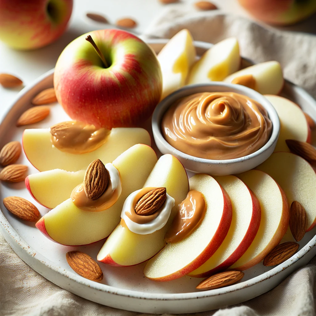 Crunchy apple slices with creamy almond butter, a perfect choice for sweet and healthy snacks.