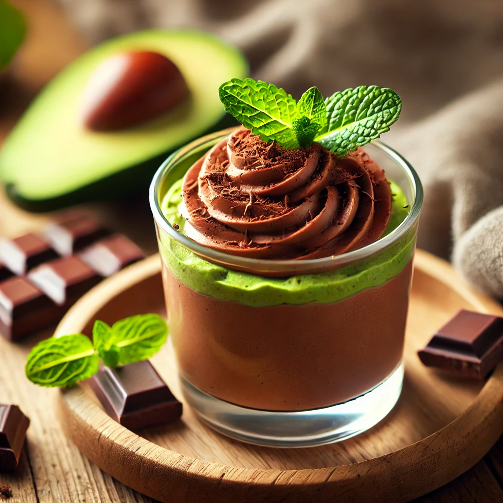 Avocado cocoa mousse, a creamy and dairy-free option for desssert snacks.