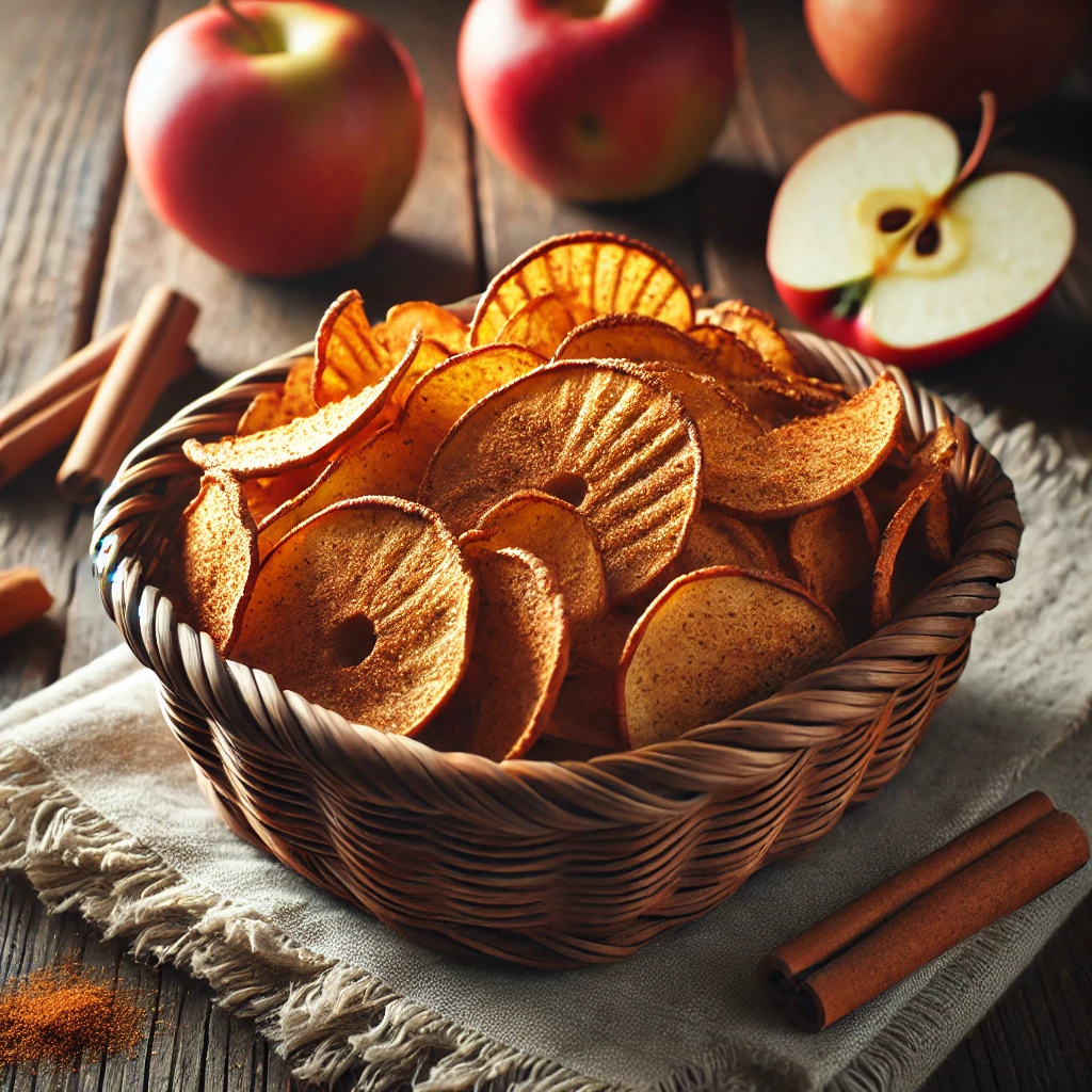 Baked cinnamon apple chips, a crispy and fiber-rich choice for healthy sweet snacks.