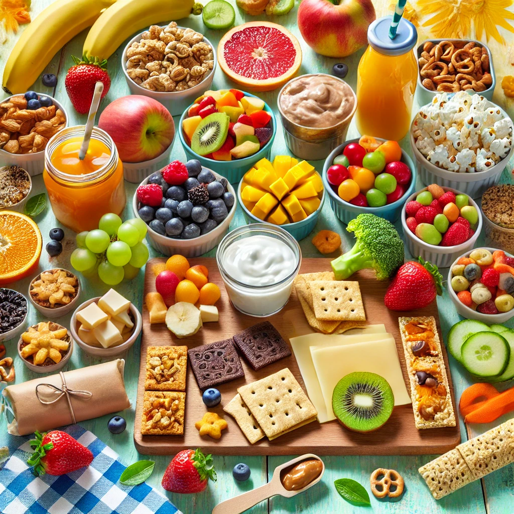 A visually appealing assortment of healthy summer snacks for kids, including homemade organic fruit and veggie pouches, whole-grain crackers with cheese, nut-free protein bars, dried fruit packs, Greek yogurt cups with fresh fruit and honey, pre-cut fresh fruits and vegetables, freshly popped popcorn, and whole-grain pretzels with peanut butter.