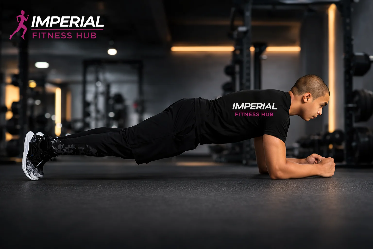 Athletic man performing a forearm plank in a modern gym wearing a black Imperial Fitness Hub t-shirt, demonstrating core strength during bodyweight training. This exercise is part of Bodyweight Exercises For The Back and helps build a strong and stable posterior chain.