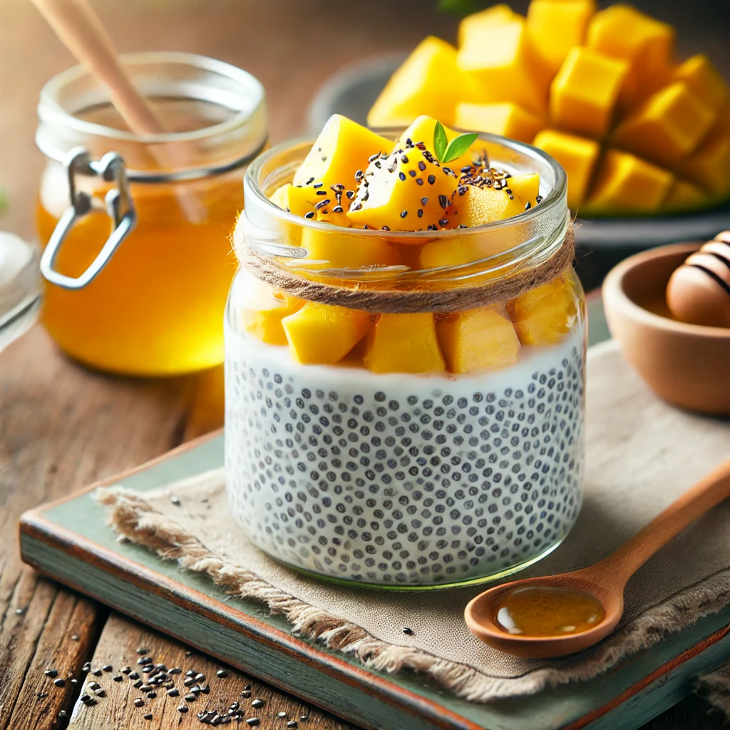 Chia pudding with mango and honey, a creamy and nutritious choice for healthy sweet snacks.