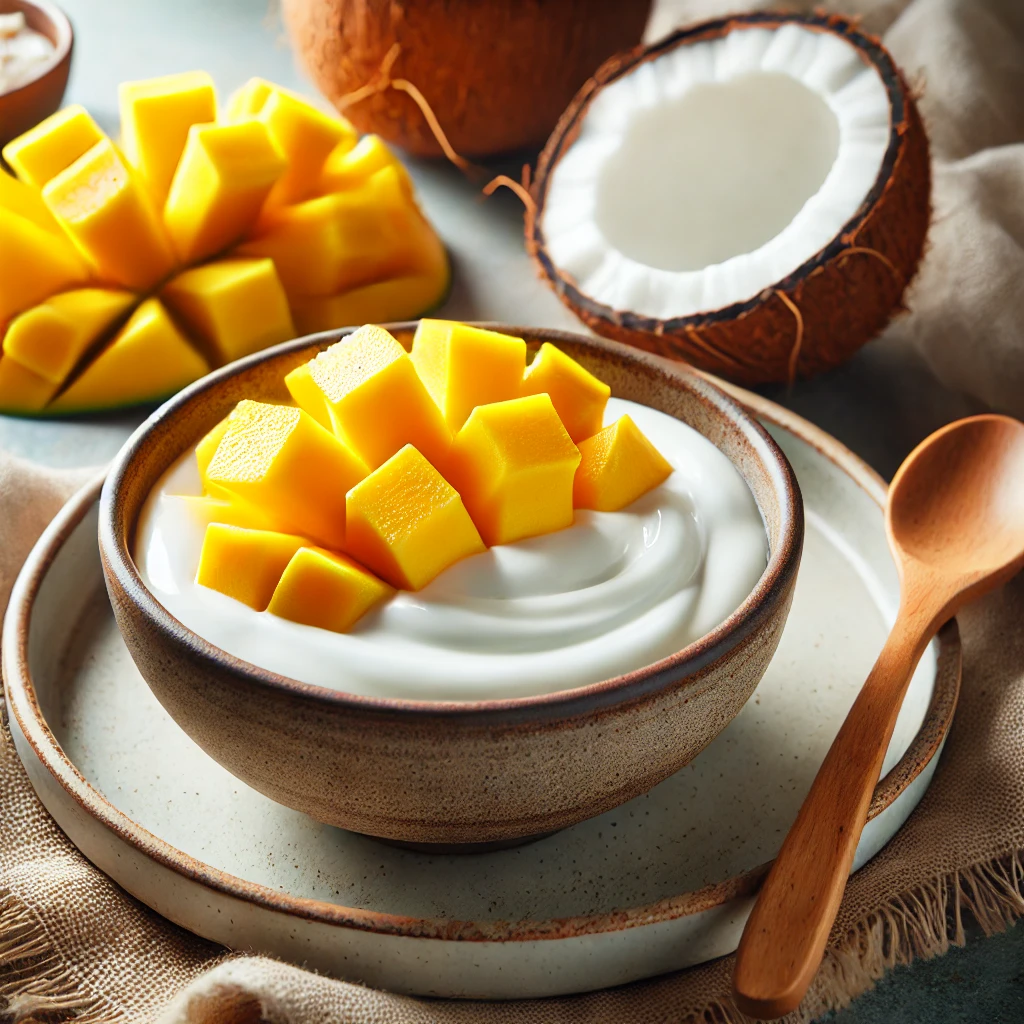 Coconut yogurt with mango slices, a dairy-free tropical choice for dessert snacks.