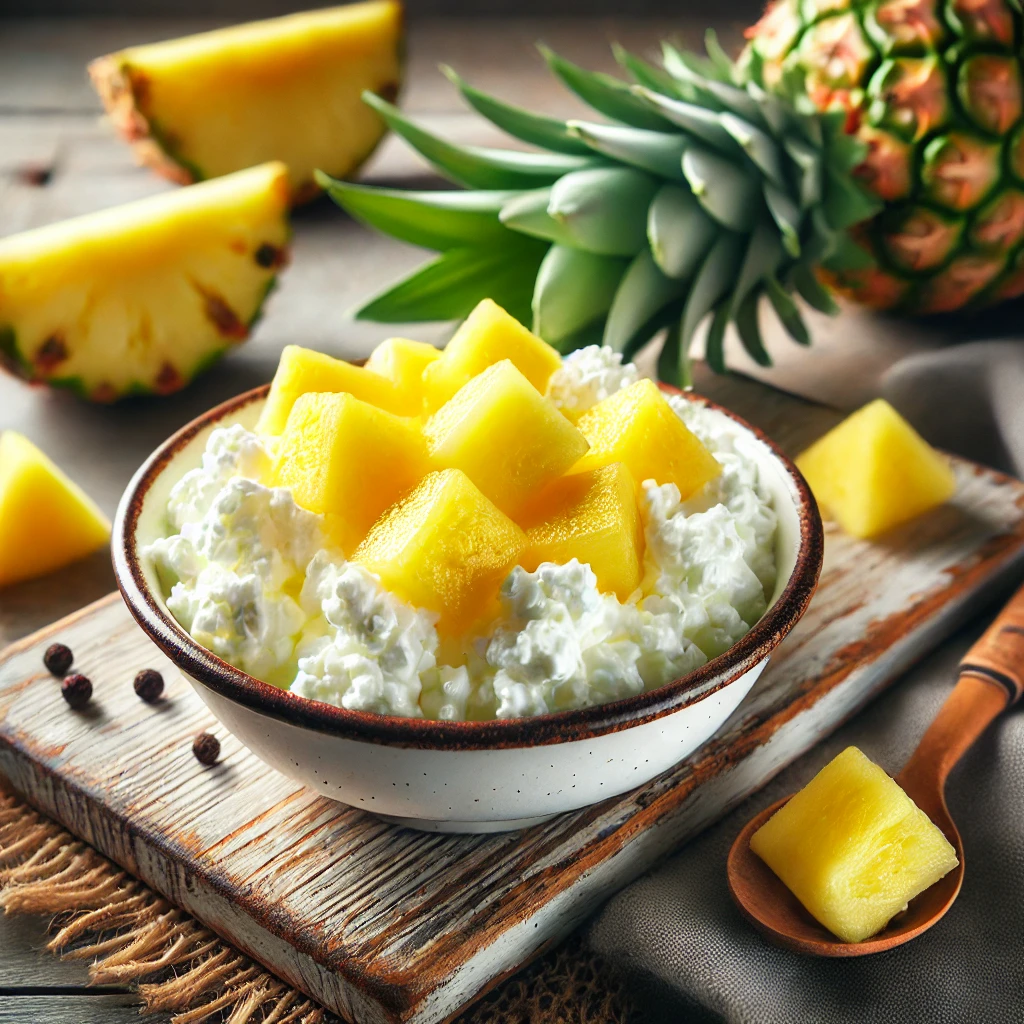 Cottage cheese with pineapple chunks, a protein-rich tropical option for healthy sweet snacks.
