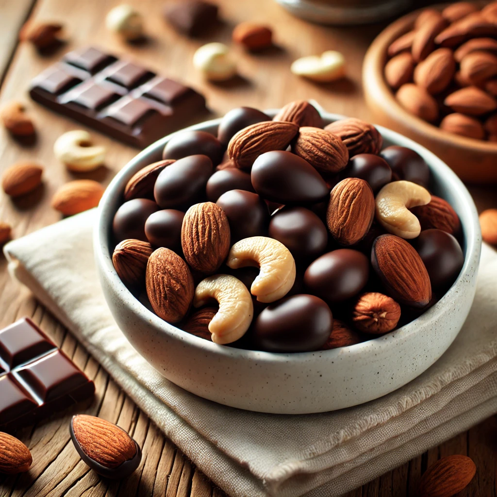 Dark chocolate-covered nuts, a crunchy and indulgent choice for sweet and healthy snacks.