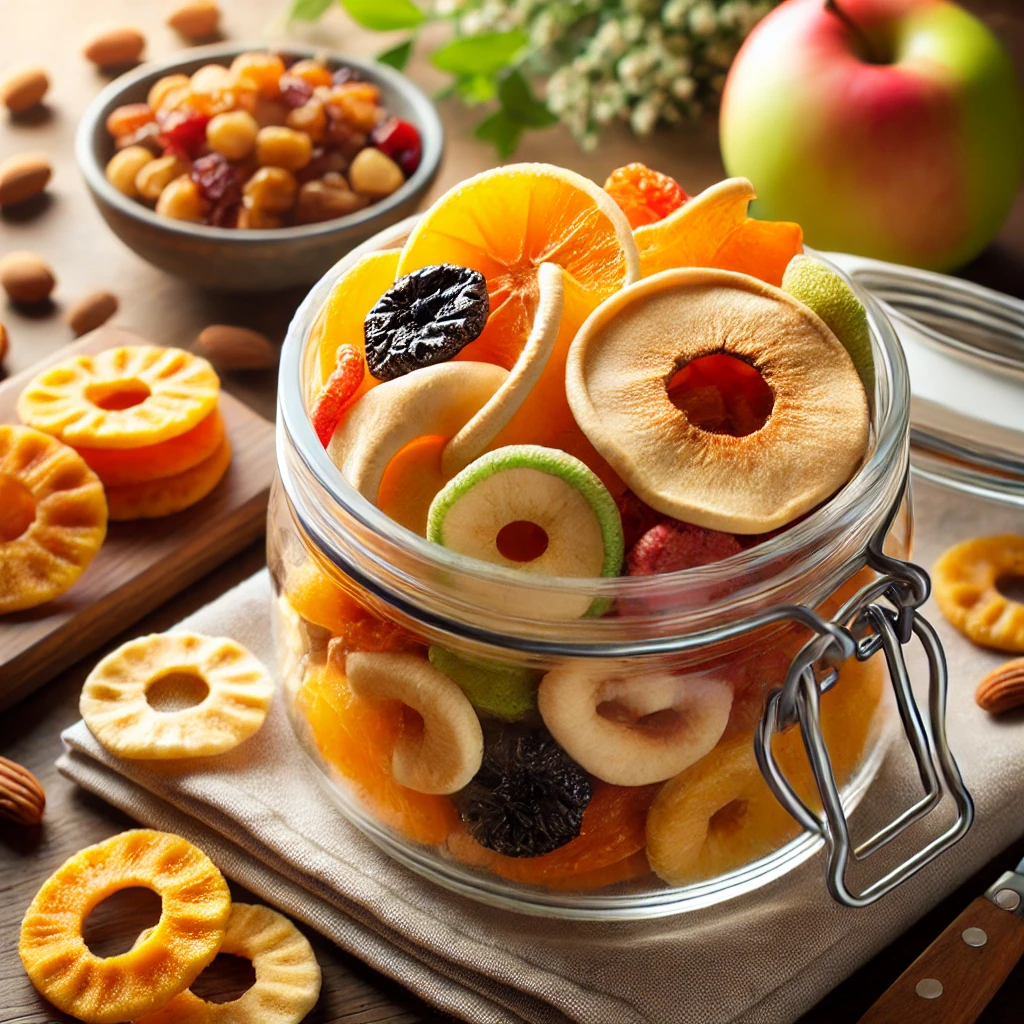 Dried fruit mix with mango and apple slices, a convenient choice for sweet and healthy snacks.