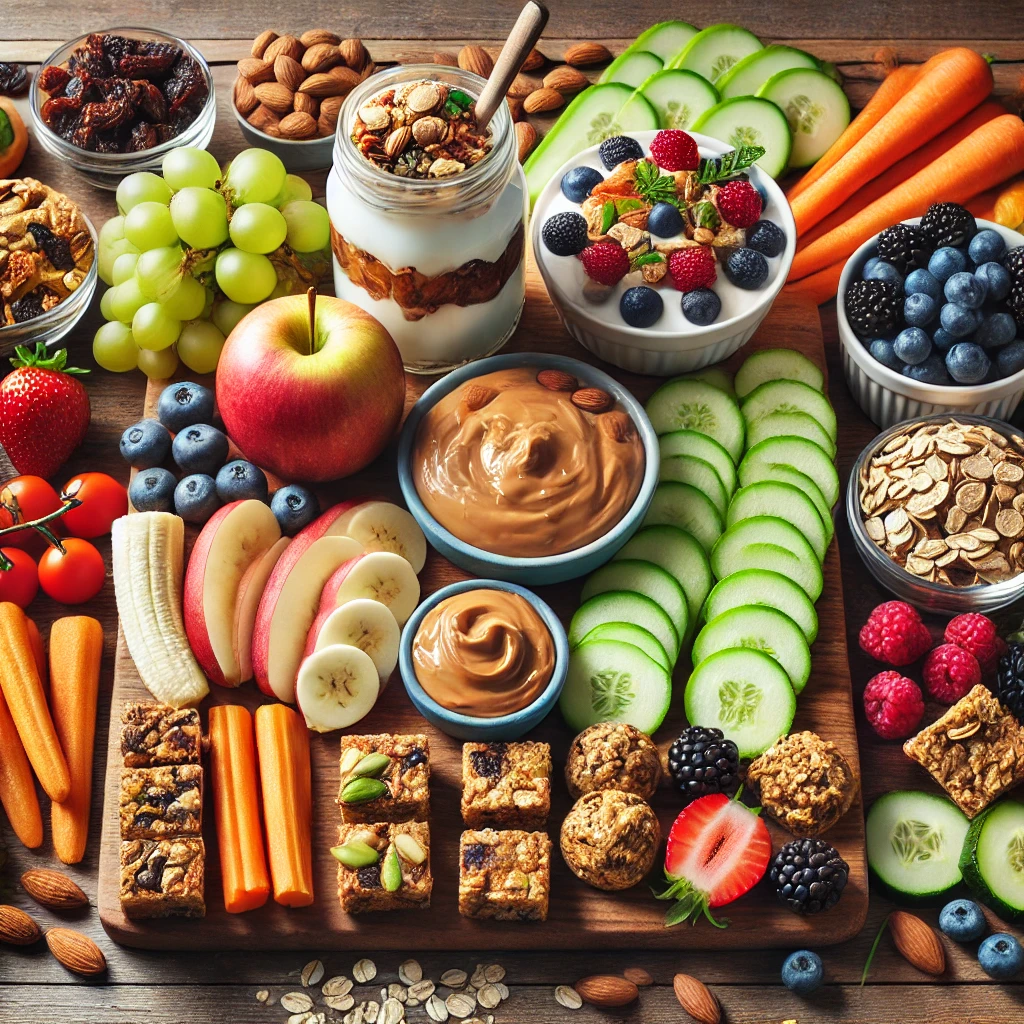  A visually appealing assortment of healthy snacks for kids, including apple slices with peanut butter, banana slices, celery with nut butter and raisins, homemade trail mix, a yogurt parfait with fresh berries and granola, baby carrots, cucumber slices, cherry tomatoes with hummus, energy bites, and homemade granola bars.