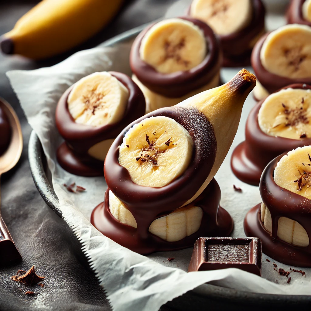 Frozen banana slices dipped in dark chocolate, a refreshing treat for healthy sweet snacks.