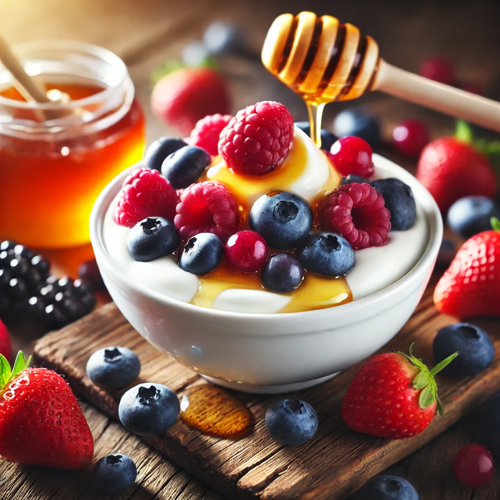 Greek yogurt with fresh berries and honey, a vibrant option for healthy sweet snacks .